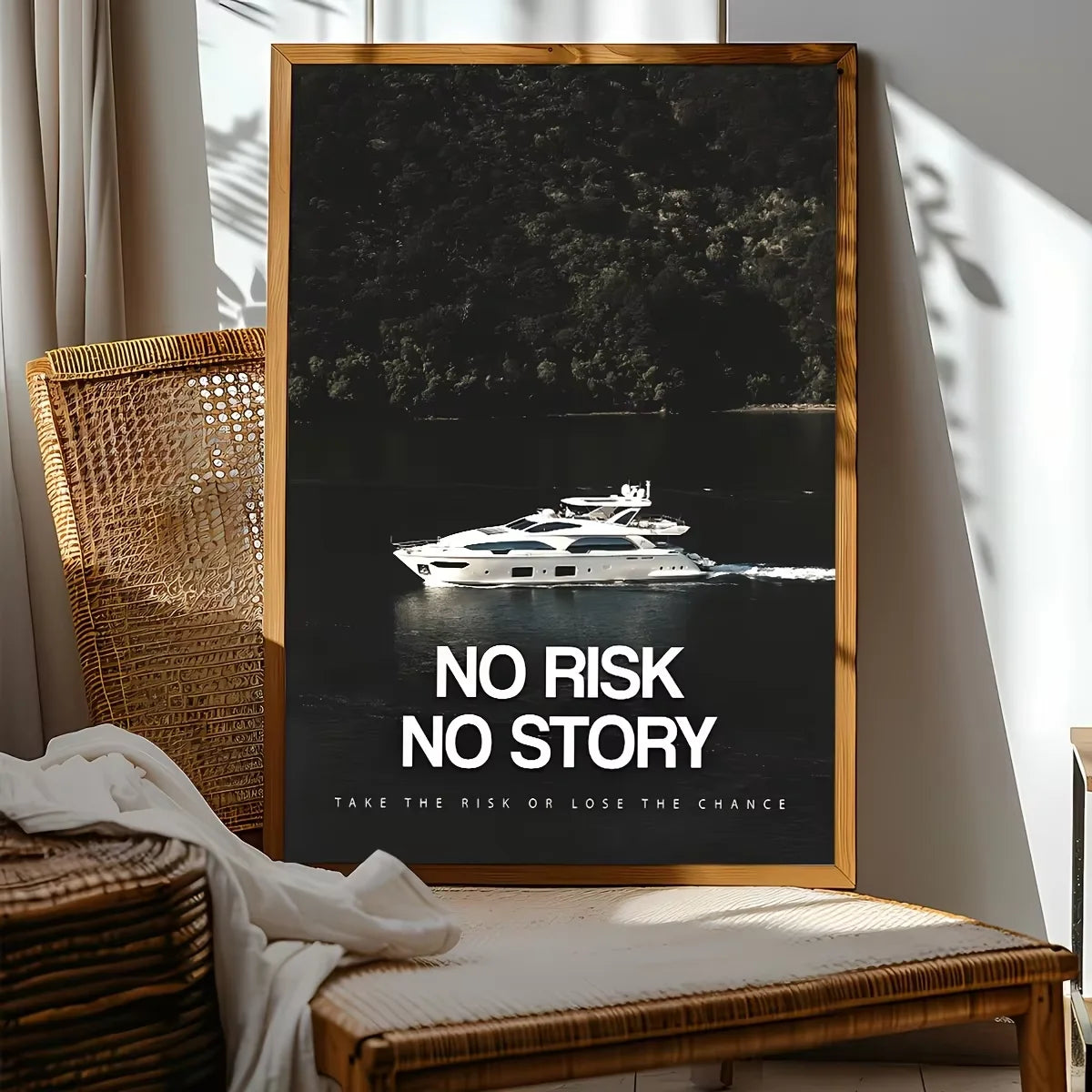 1pc Unframed Canvas Poster - Modern Art "No Risk No Story" Motivational Wall Decor with Luxury Yacht & Nature Scene, High-Qualit