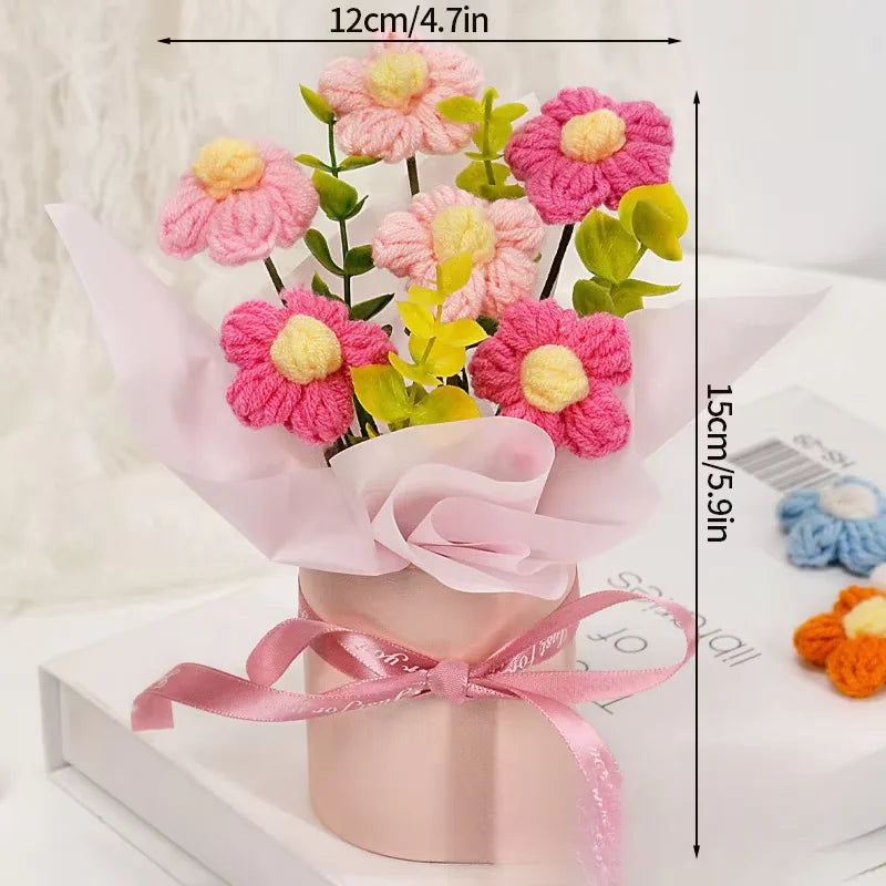 Knitted Flower Bouquet Crochet Rose Flowers Hugging Bucket New Year Gifts Living Room Desk Decoration Mother's Day Gift