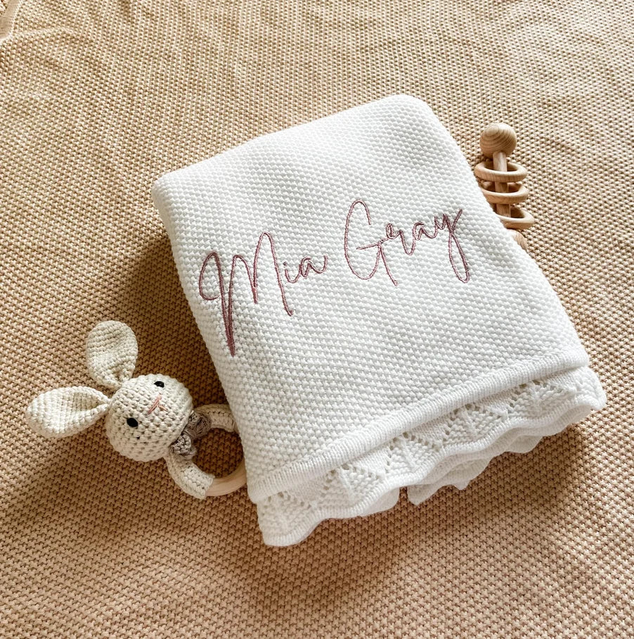Personalized Knitted Blanket Embroidered Name Baby Boy Girl Soft Blanket Baby Shower Breathable Stroller Blanket Birthday Gift