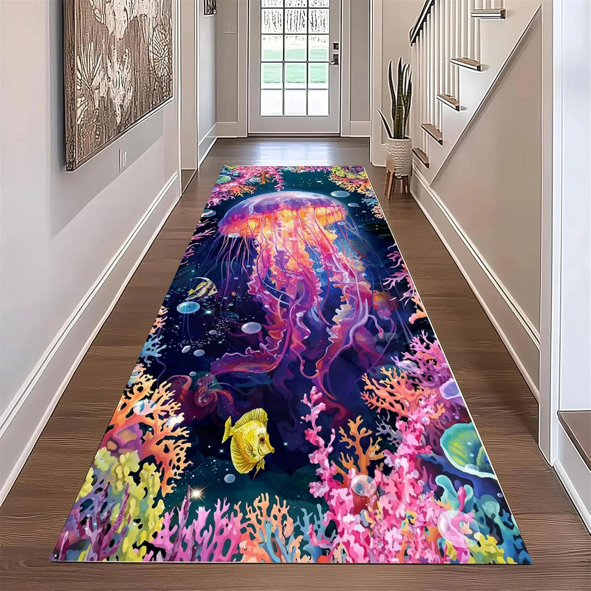 Ocean Theme Runner Rug 3D Vision Coral Reef Fish Starfish Jellyfish Printed Non-Slip Carpet for Hallway Living Room Floor Decor