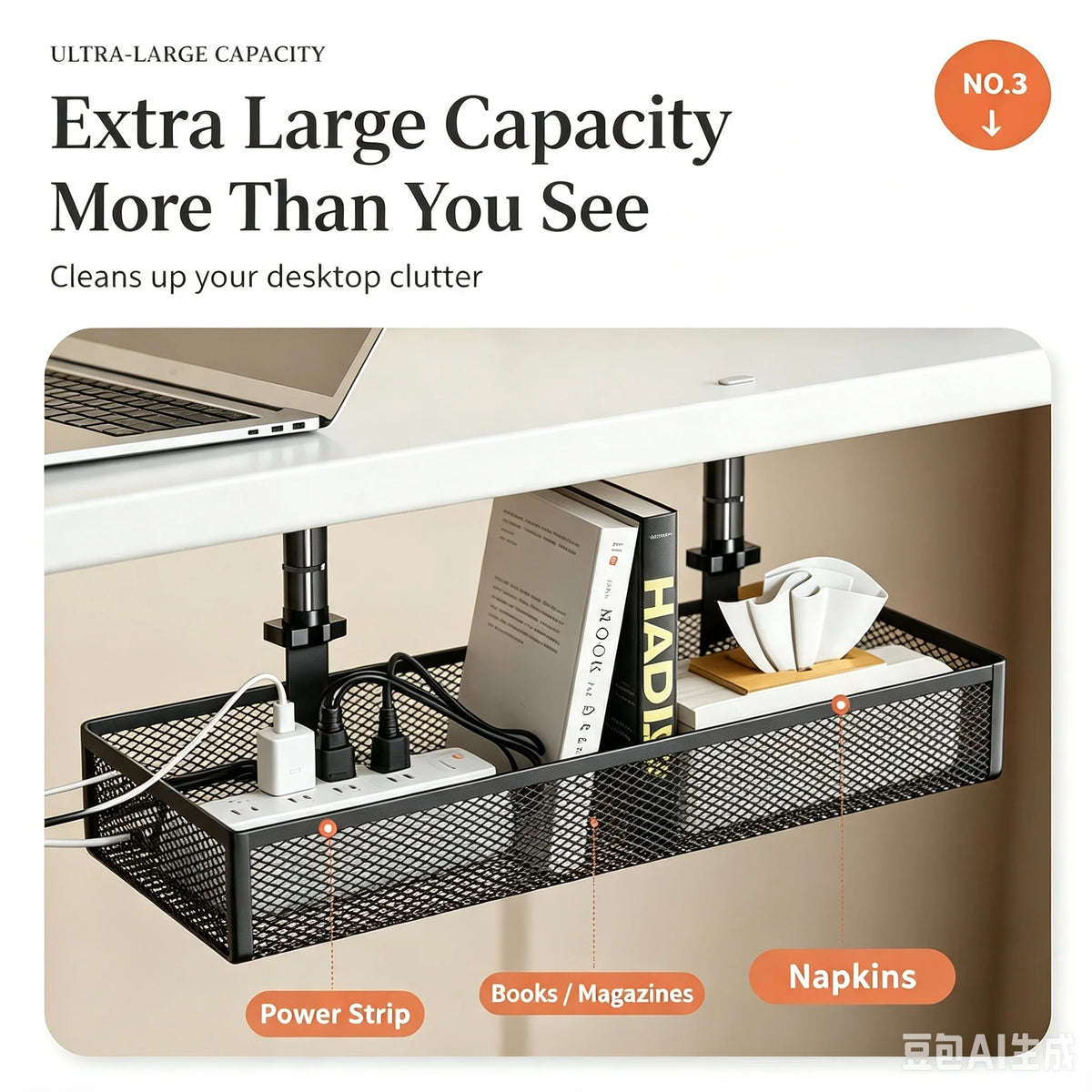 1PCS No Drill Steel Desk Cable Organizer under Desk Cable Management Tray Wire Management Rack for Office Desk
