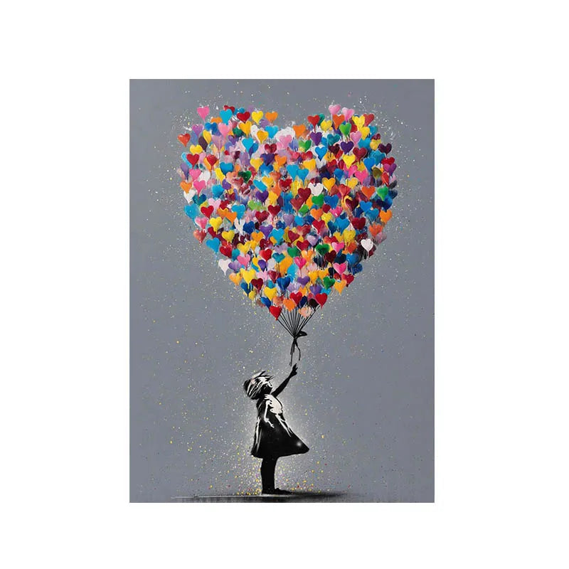 Girl with Heart Balloon Canvas Print, Graffiti Street Art, Colorful Balloon Girl Vibrant Heart-Shaped, Urban Street Art Decor