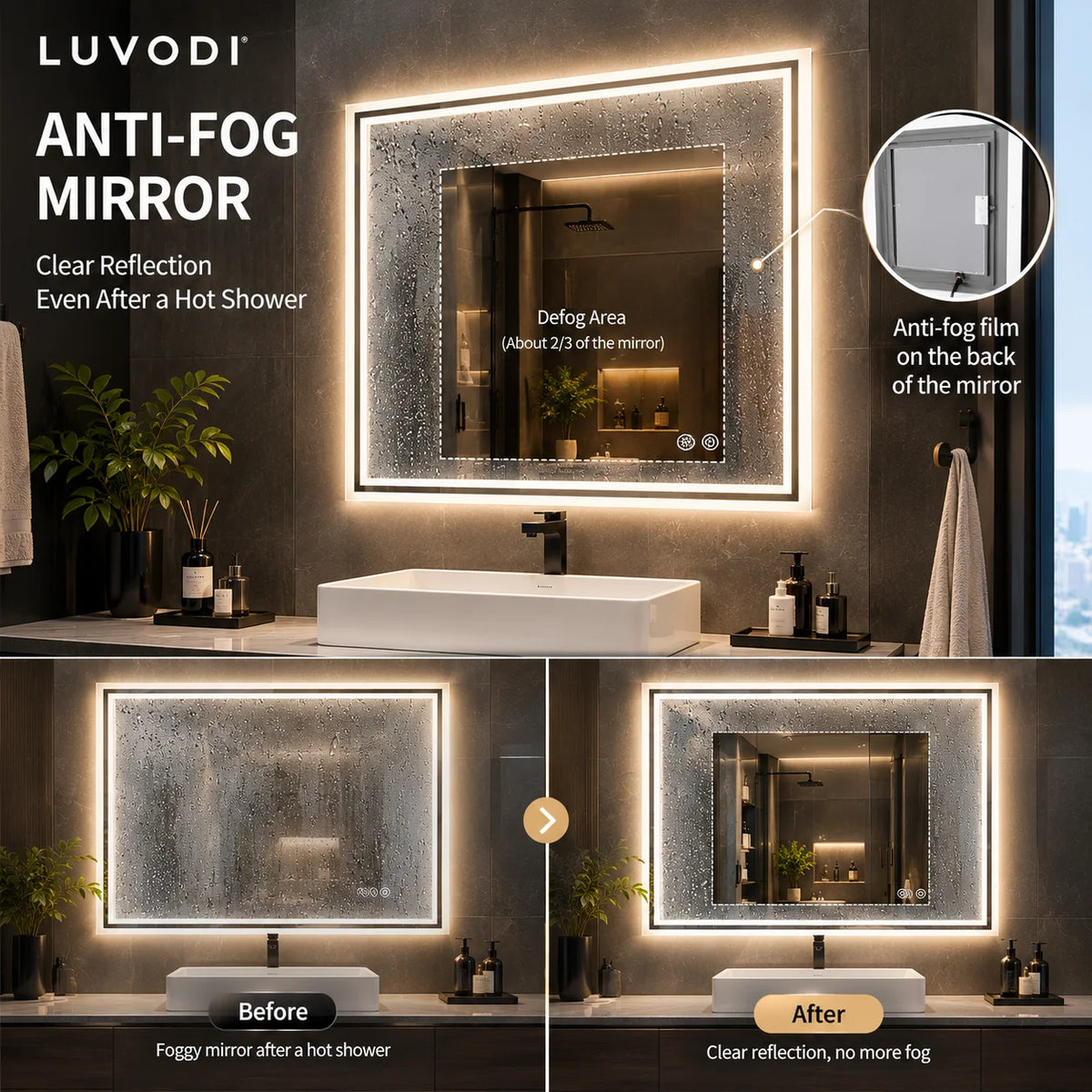 LUVODI LED Bathroom Mirror, Frameless Backlit Vanity Mirror, Dimmable 3-Color Light, Anti-Fog, Touch Sensor