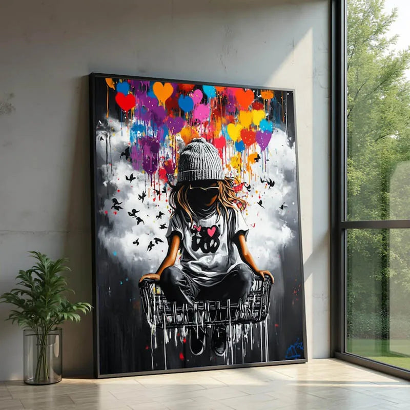 Girl with Heart Balloon Canvas Print, Graffiti Street Art, Colorful Balloon Girl Vibrant Heart-Shaped, Urban Street Art Decor