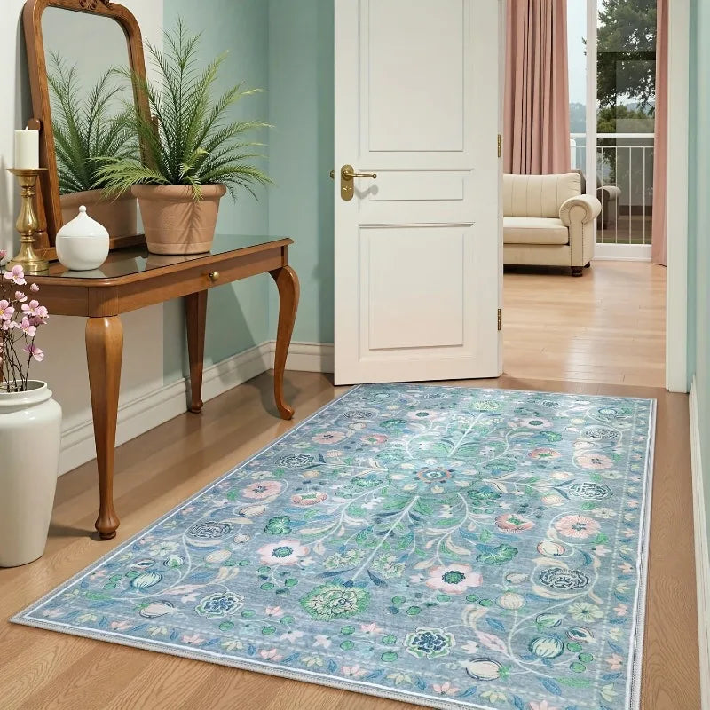 Living Room Carpet Non-slip Soft Machine Washable Floor Mat Bohemian Pink Floral Rug Bedroom Home Decoration Mats Washable Rugs