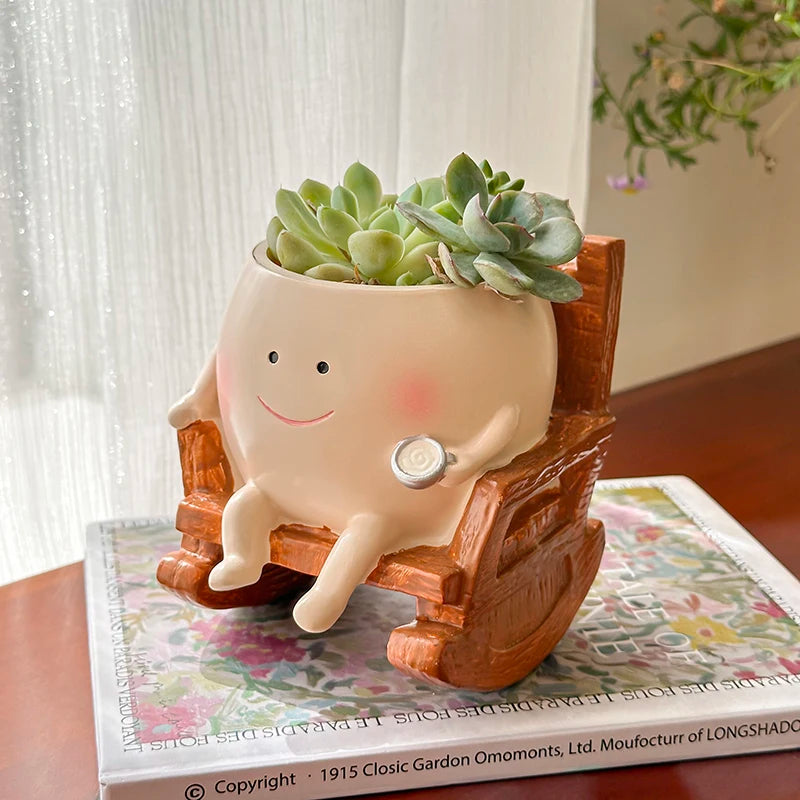 Stylish Cute Cartoon Ghost Resin Succulent Planter Pot Rocking Chair Shaped Flower Pot for Home Office Desk Decor Gift Idea
