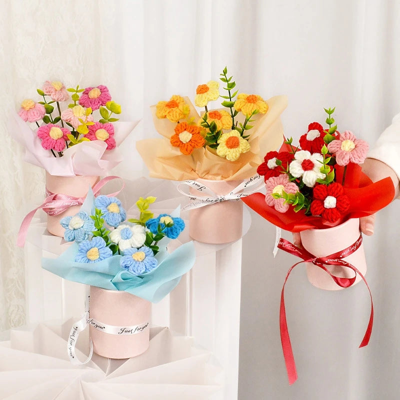 Knitted Flower Bouquet Crochet Rose Flowers Hugging Bucket New Year Gifts Living Room Desk Decoration Mother's Day Gift