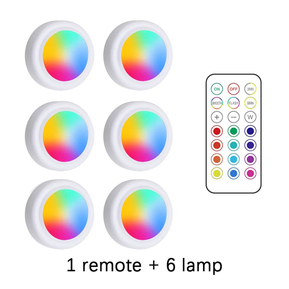 RGB LED Under Cabinet Lights with Remote Control Battery Powered Wireless Dimmable Night Lamp LED Lights for Home Wardrobe Light