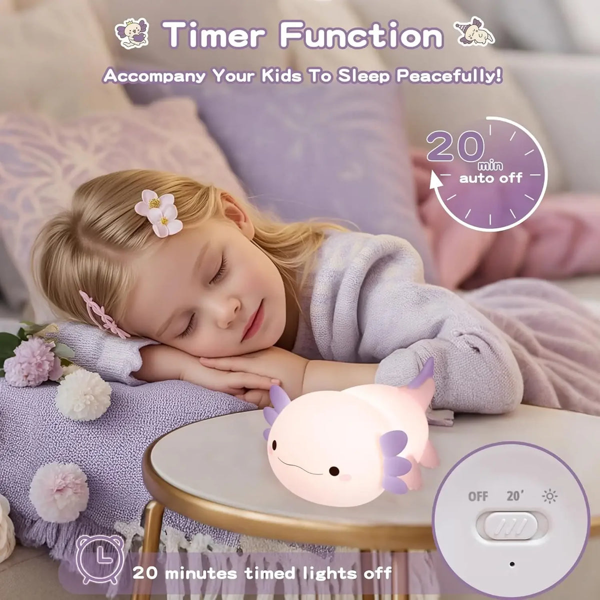 Night Light for Kids,Cute Purple Axolotl Lamp ,LED Squishy Nursery Nightlight, Soft Silicone Novelty Animal Bedside Lamp