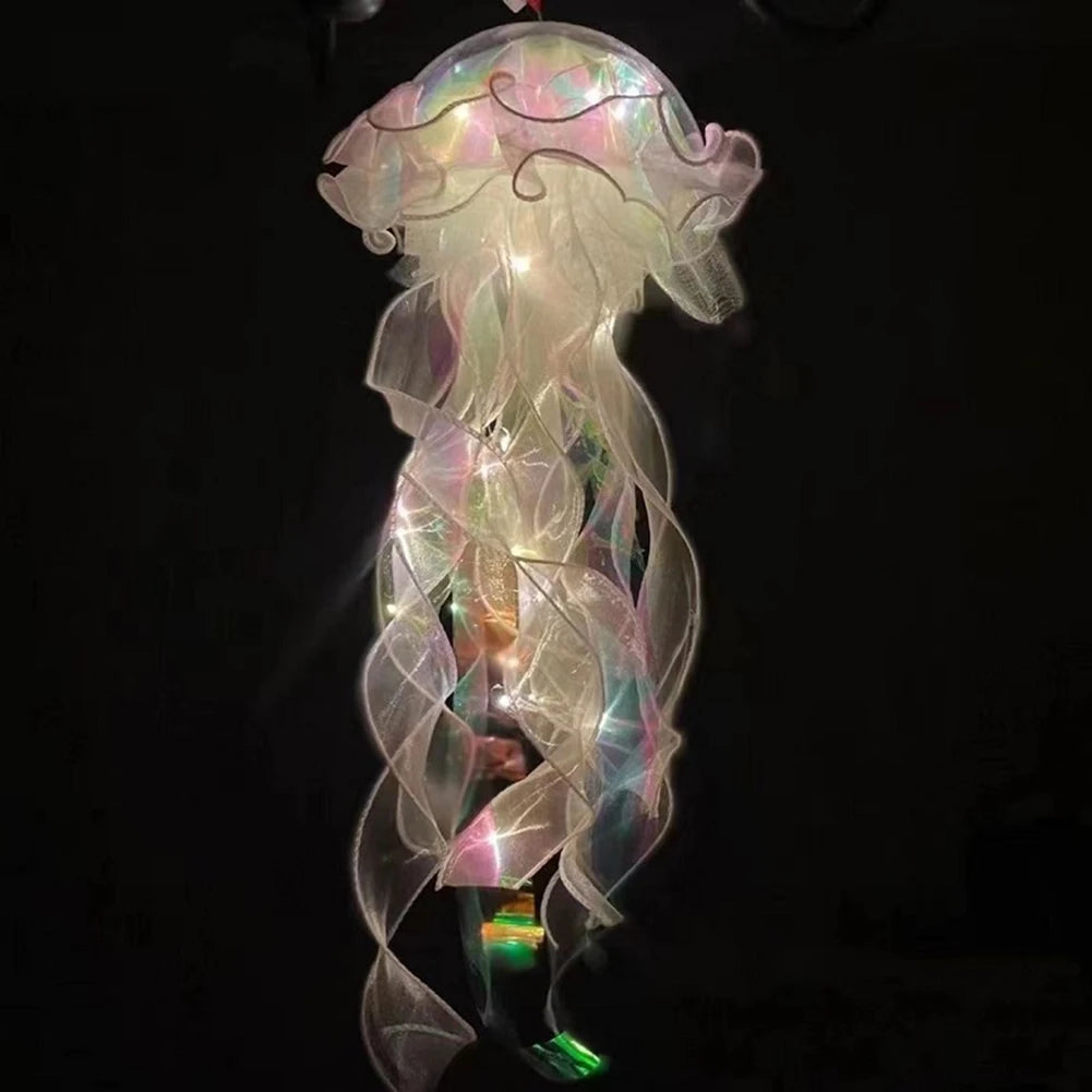 Jellyfish Colorful Nightlight Button Battery Hanging Ceiling Lantern with Ribbon&Bead LED Bulbs for Children Bedroom