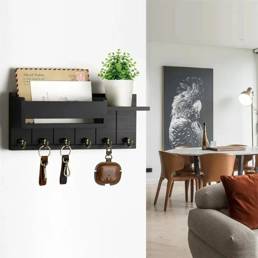 Rustic Wood Key Holder with Shelf Wall Mounted Decorative Key Rack And Mail Organizer 6 Key Hooks for Living Room Entrance