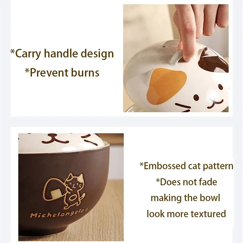 Cartoon Cat Ceramic Instant Noodle Bowl With Lid Underglaze Color Soup Salad Bowl Kitchen Office Student Lunch Box 550ml