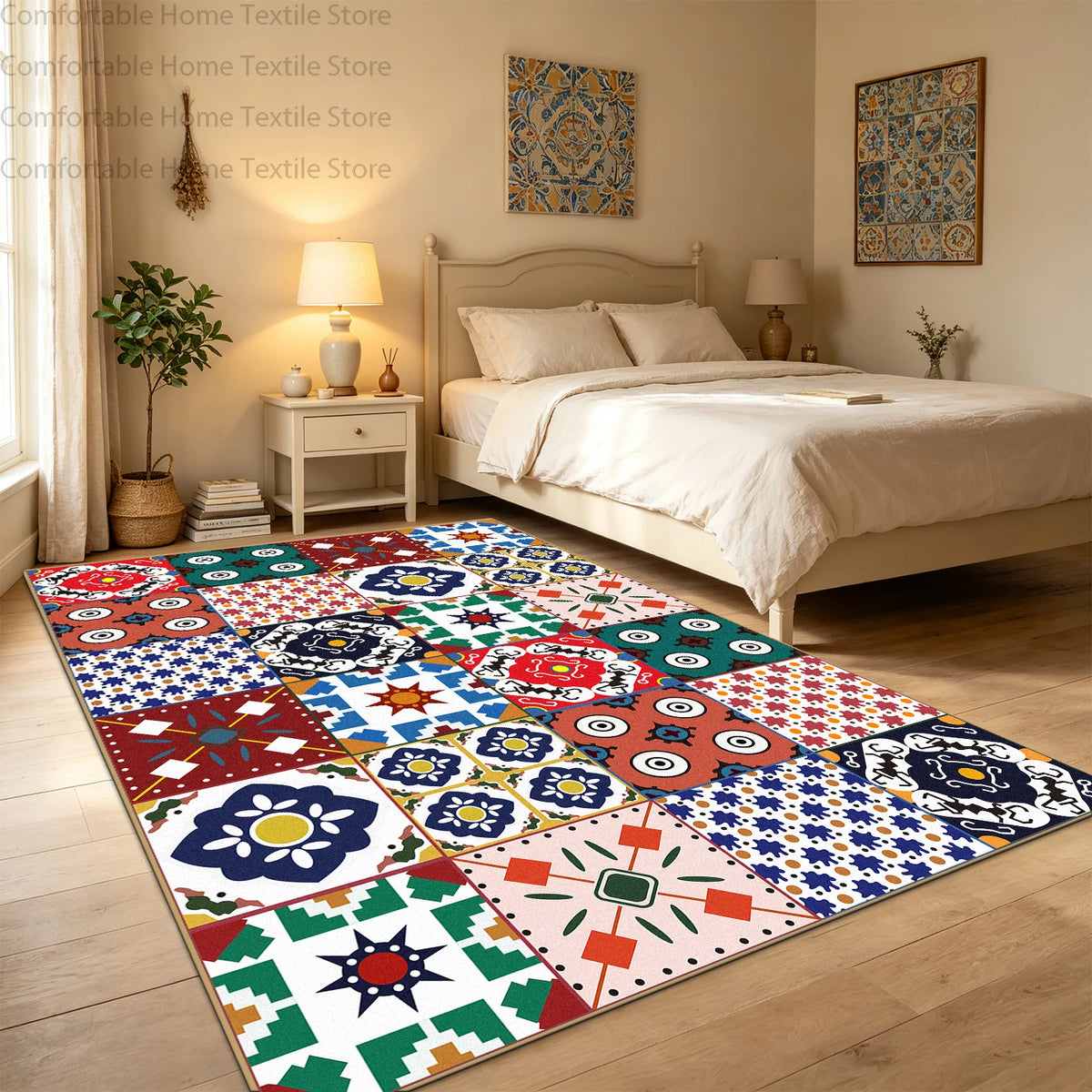 Bohemian Geometric Abstract Style Big Size Rugs for Bedroom Soft Easy Clean Cloakroom Carpet Machine Washable Foldable Patio Mat