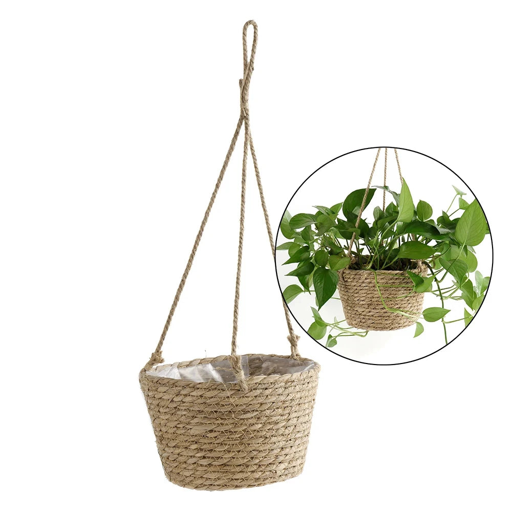 1PC Straw Hanging Basket Planter Twine Woven Flower Basket Rattan Basket Hanging Orchid Pot Pot Hanging Basin