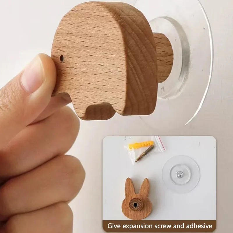 Cute Wall Wooden Hooks Children's Room Animal Hook Wall Keychain Coat Hook Home Decoration Solid Wood Hook Hanger Kitchen Access