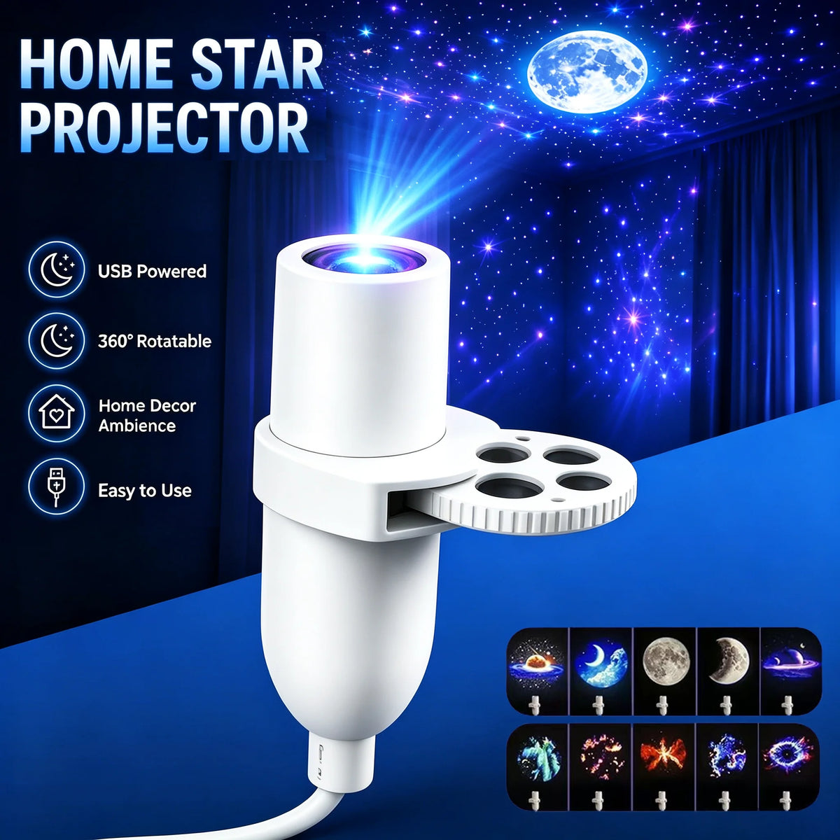 Mini USB Galaxy Star Projector Light 360° Adjustable Night Light Atmosphere Lights For Bedroom Romantic Night Birthday Party Use