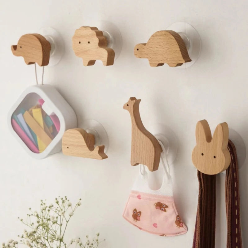 Cute Wall Wooden Hooks Children's Room Animal Hook Wall Keychain Coat Hook Home Decoration Solid Wood Hook Hanger Kitchen Access
