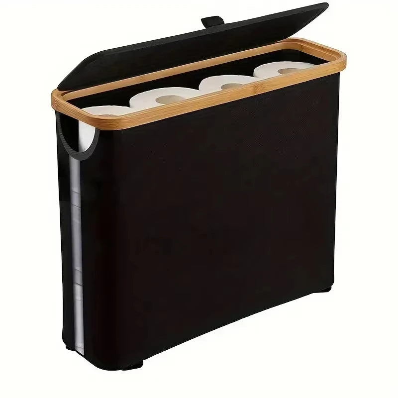 1 Storage Basket, Storage Shelf, Large Paper Holder, 12 Rolls of Toilet Paper, Storage Rack with Lid, Oxford Cloth + Bamboo Stor
