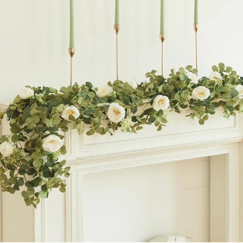 180cm Artificial Eucalyptus Garland with White Flowers for Home Festival Wall Hanging Garden Wedding Backdrop Arch Party Decor