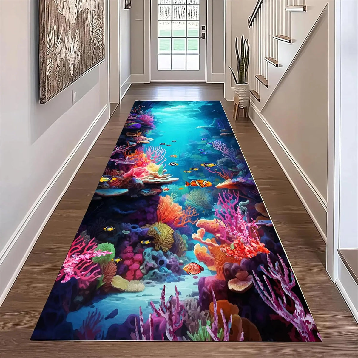 Ocean Theme Runner Rug 3D Vision Coral Reef Fish Starfish Jellyfish Printed Non-Slip Carpet for Hallway Living Room Floor Decor