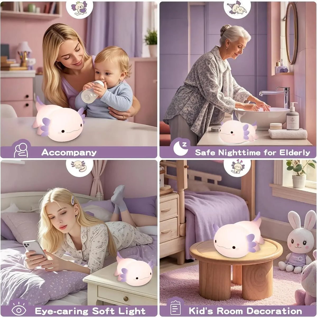 Night Light for Kids,Cute Purple Axolotl Lamp ,LED Squishy Nursery Nightlight, Soft Silicone Novelty Animal Bedside Lamp