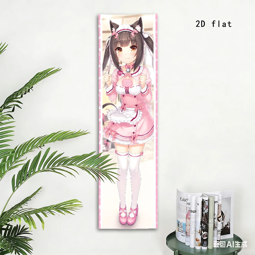 Nekopara Vertical Tapestry, Long Strip Full‑Body Cat‑Ear Maid Character Wall Hanging, Sweet Pink Polyester Wall Cloth for Bedroo