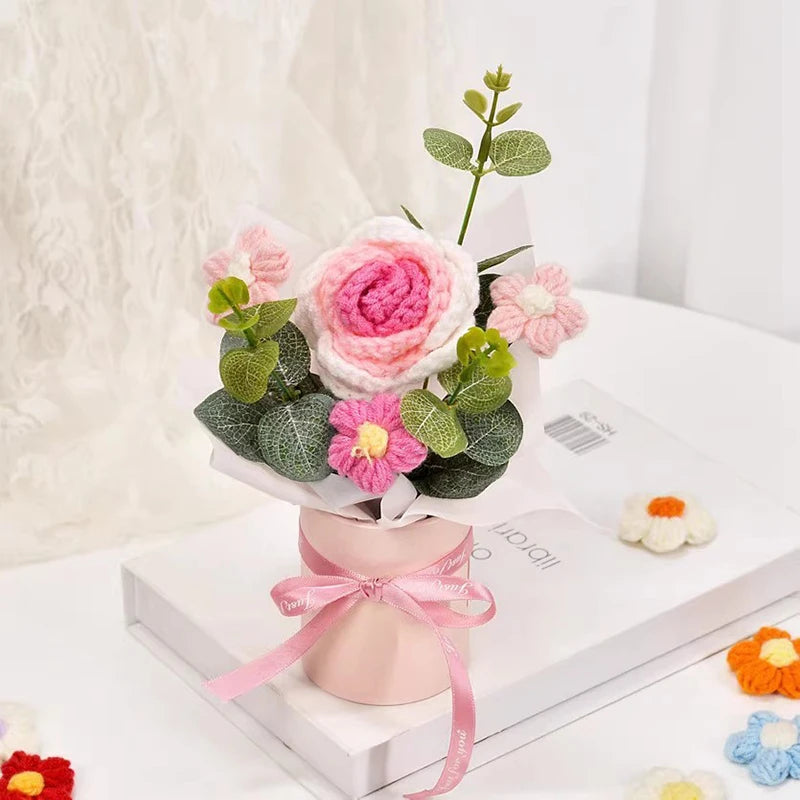 Knitted Flower Bouquet Crochet Rose Flowers Hugging Bucket New Year Gifts Living Room Desk Decoration Mother's Day Gift