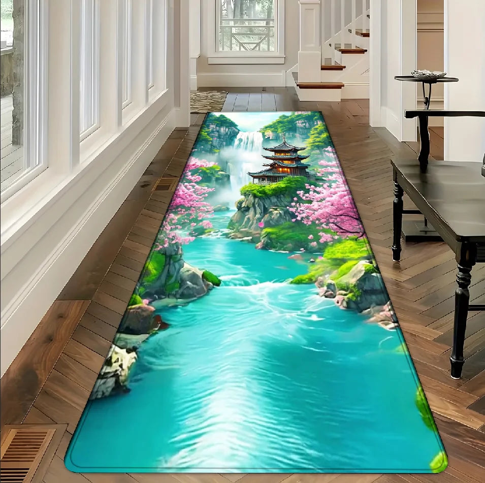 1pc 3D Japanese Garden Waterfall Runner Rug Non Slip Floor Mat for Hallway Entryway Kitchen Bathroom Laundry Room Home Decor