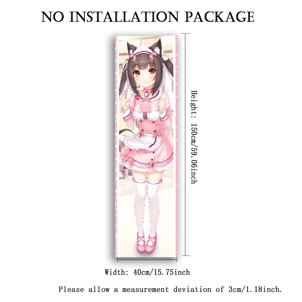 Nekopara Vertical Tapestry, Long Strip Full‑Body Cat‑Ear Maid Character Wall Hanging, Sweet Pink Polyester Wall Cloth for Bedroo