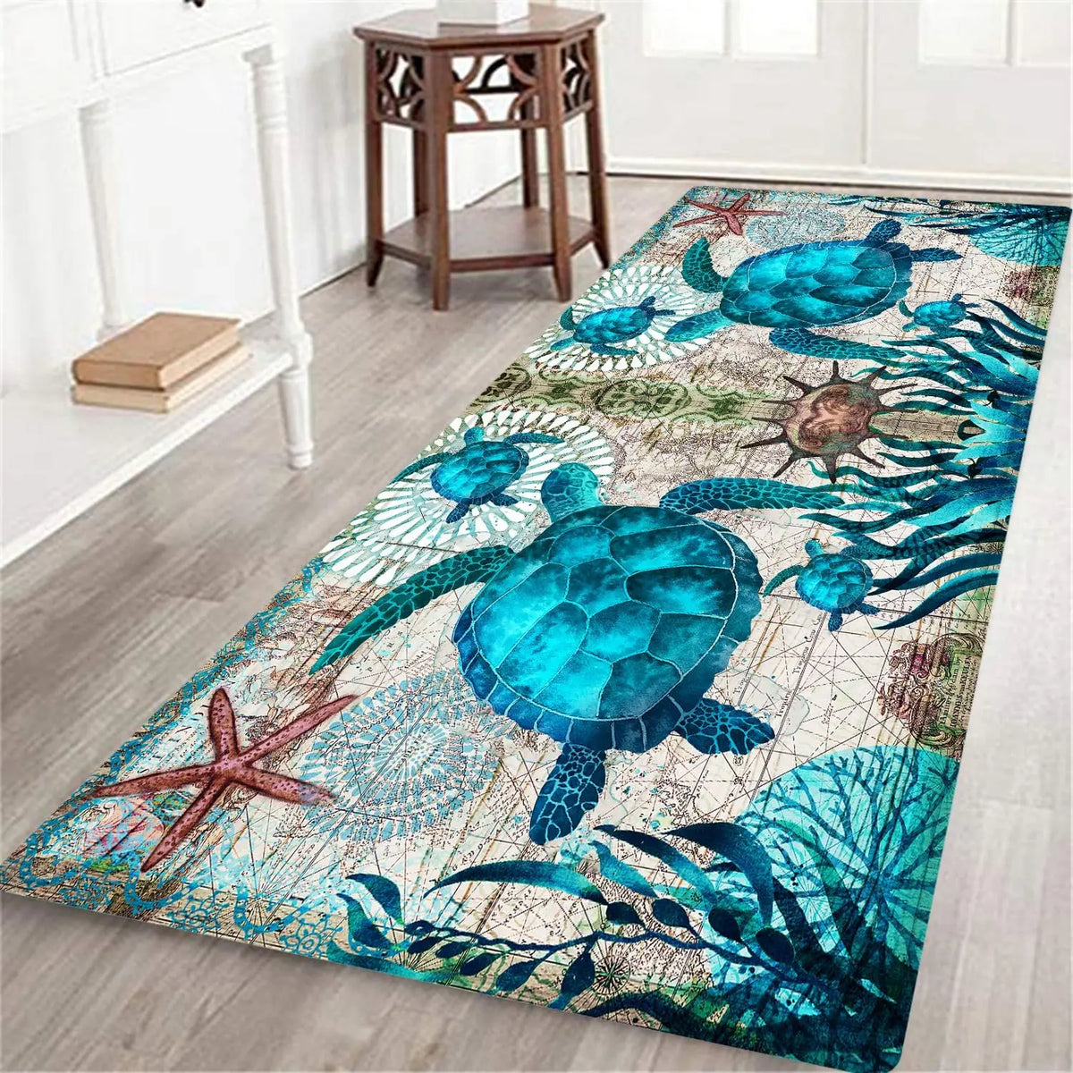 Coastal Sea Turtle Ocean Life Runner Rugs Decor Kitchen Hallway Balcony Floormat Bedroom Entrance Doormat Bath Non-Slip Foot Pad