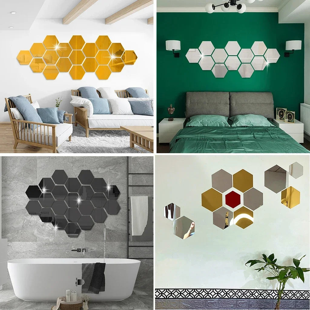 Acrylic Hexagon Mirror Wall Stickers Self Adhesive Removable Livingroom Bathroom Bedroom Wall Decoration Mirror Home Decoration