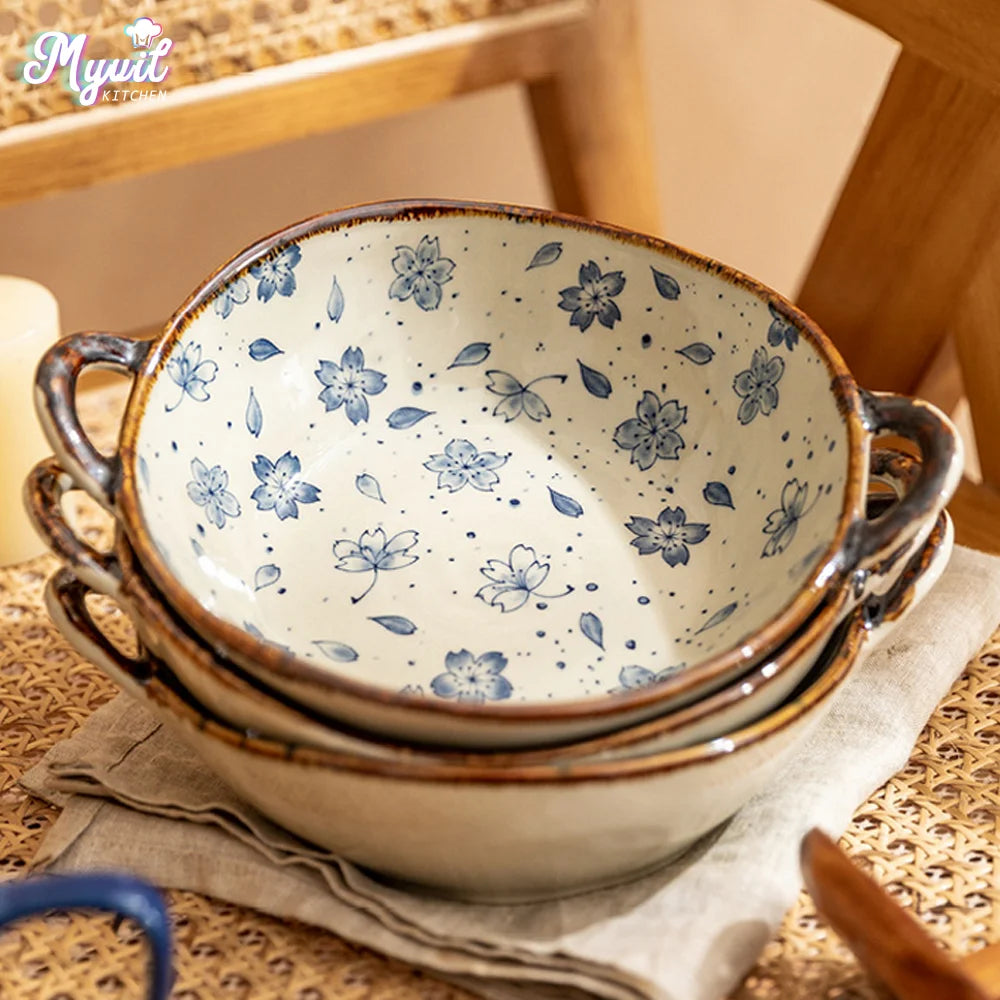 7.5inch Household Noodle Bowl Ceramic Soup Bowl With Handle Salad Pasta Bowl Kitchen Tableware Microwave Oven Bakware