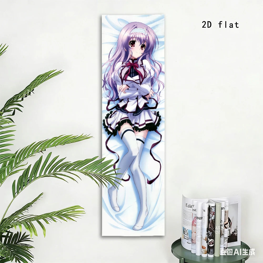 Anime Girl Dakimakura-Style Tapestry, White & Purple Uniform, Soft Bedroom Decor
