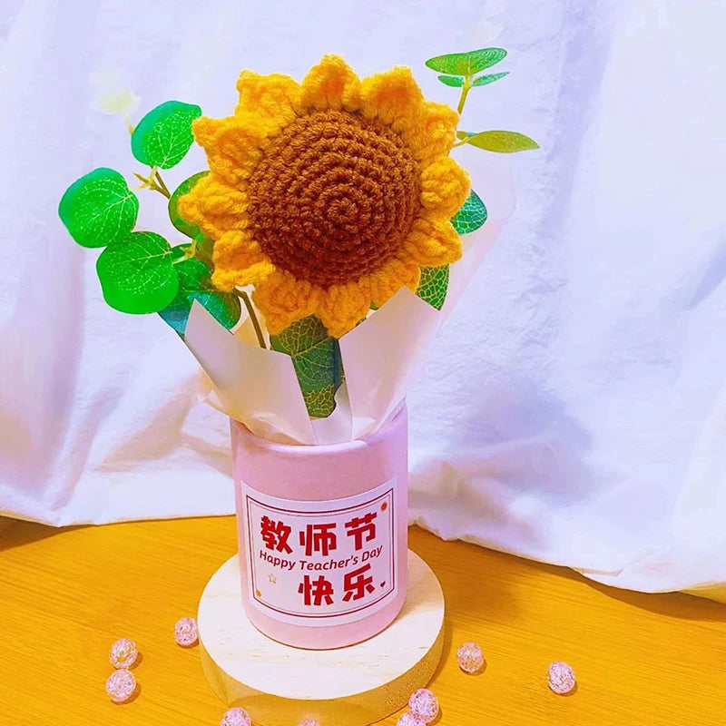 Knitted Flower Bouquet Crochet Rose Flowers Hugging Bucket New Year Gifts Living Room Desk Decoration Mother's Day Gift