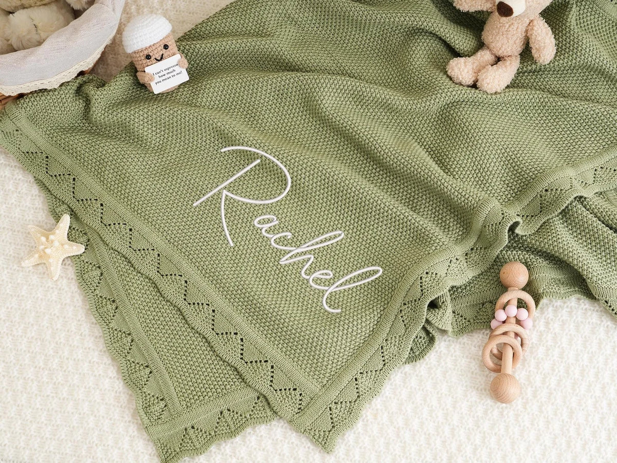 Personalized Knitted Blanket Embroidered Name Baby Boy Girl Soft Blanket Baby Shower Breathable Stroller Blanket Birthday Gift