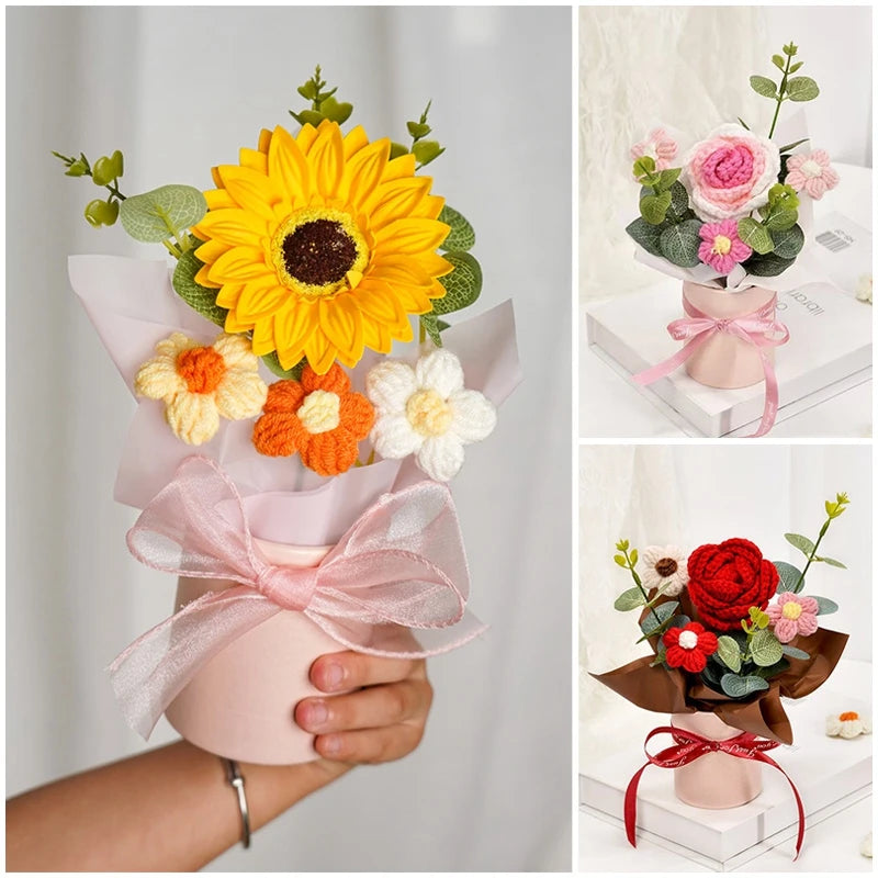 Knitted Flower Bouquet Crochet Rose Flowers Hugging Bucket New Year Gifts Living Room Desk Decoration Mother's Day Gift