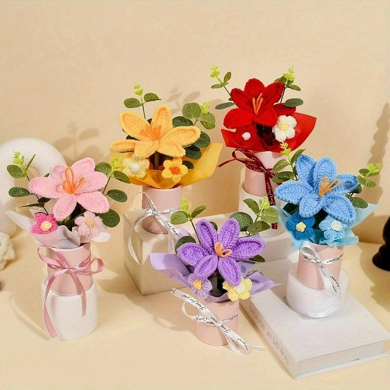 Knitted Flower Bouquet Crochet Rose Flowers Hugging Bucket New Year Gifts Living Room Desk Decoration Mother's Day Gift