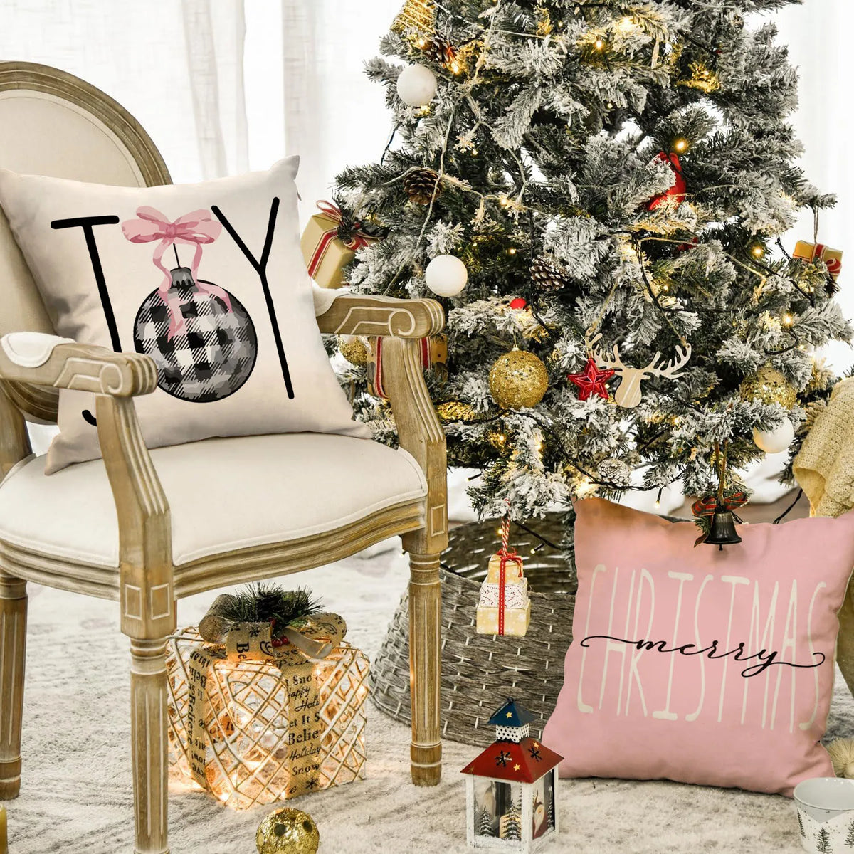 1/4pcs Christmas Pillow Cover, Pink Printed Cushion Cover, Farmhouse Decorative Sofa, Christmas Decoration (without Pillow Core)