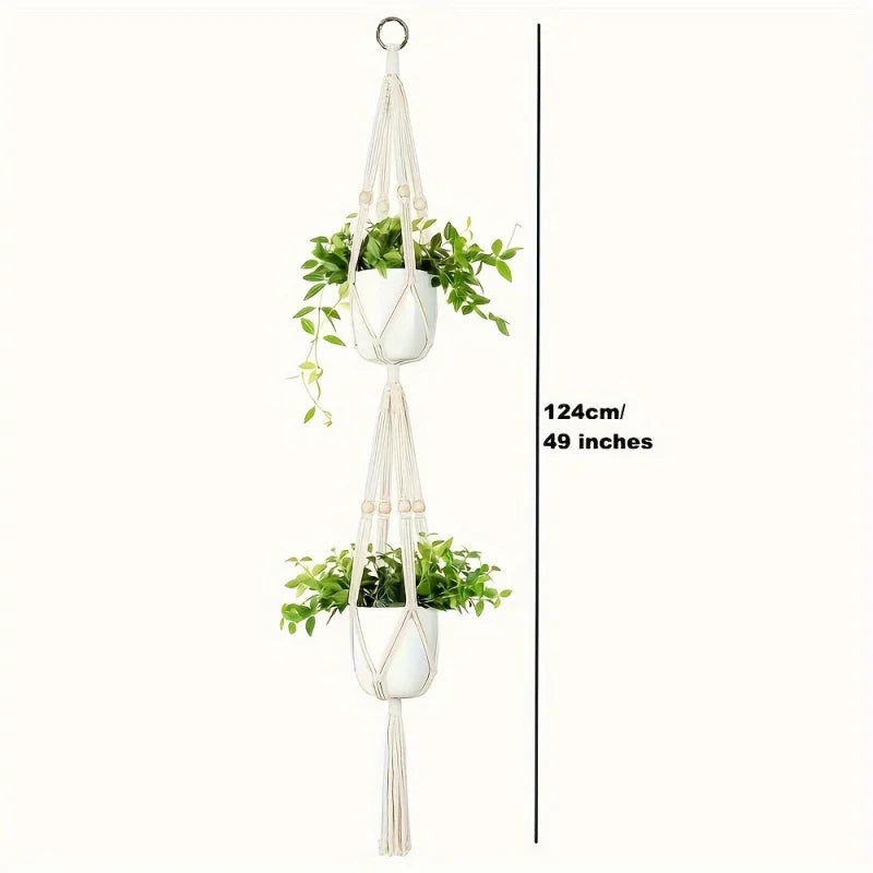 1pc, Macrame Double Plant Pendant Indoor Outdoor, 2 Tier/3Tier Hanging Planter Basket Cotton Rope With Beads 49 Inches/70 Inches