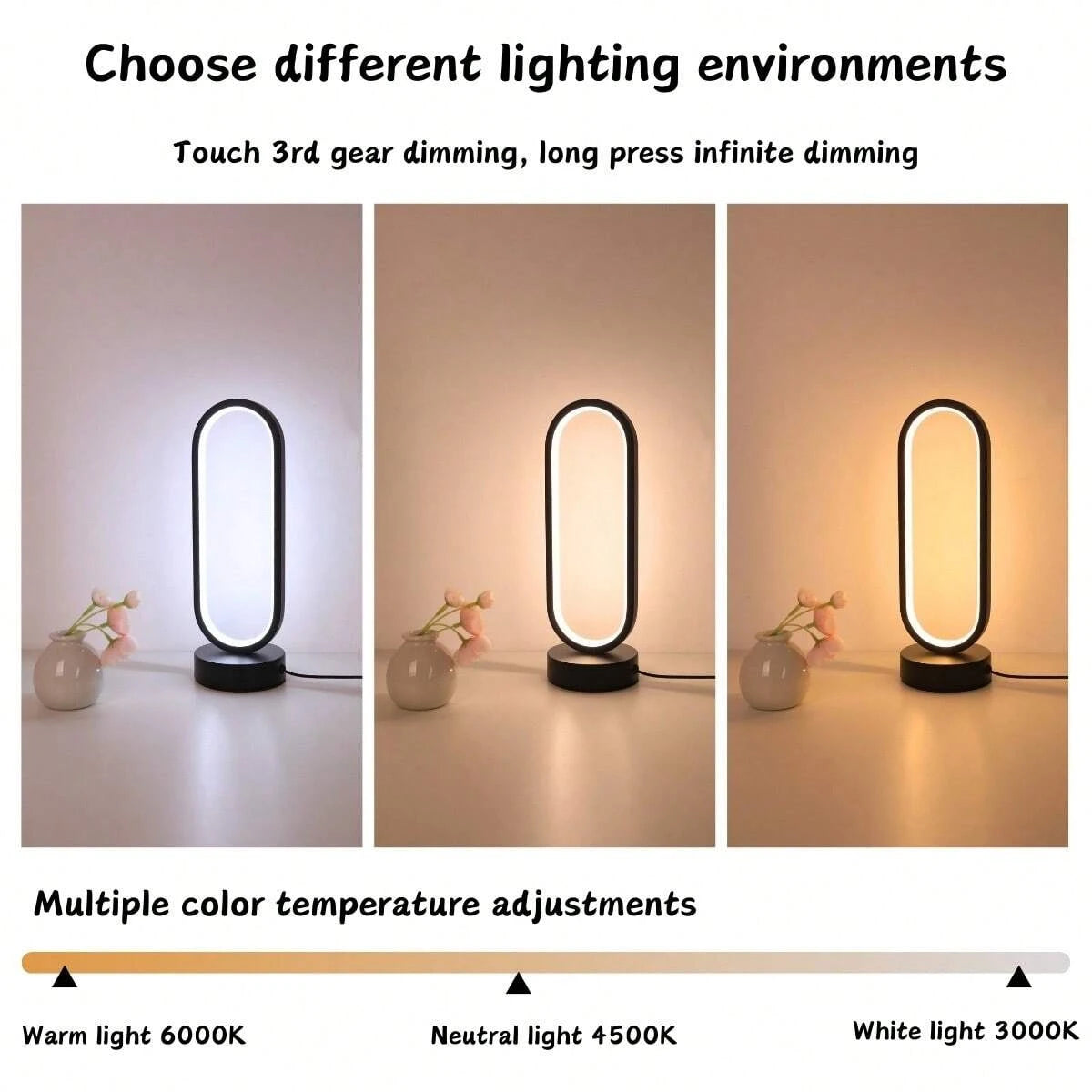 Modern LED Oval Slim Nightstand Bedside Ring Lamp 3 Color Temperatures Dimmable USB Powered Soft Table Night Light for Bedroom Living Room Kids Room Home Office Study Reading Nursery