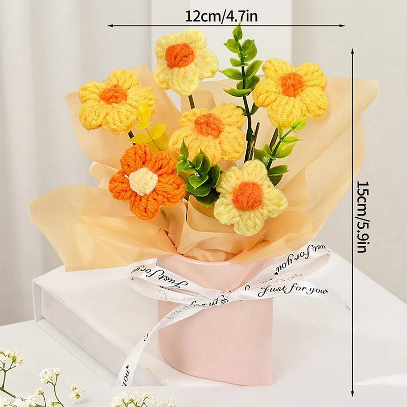 Knitted Flower Bouquet Crochet Rose Flowers Hugging Bucket New Year Gifts Living Room Desk Decoration Mother's Day Gift
