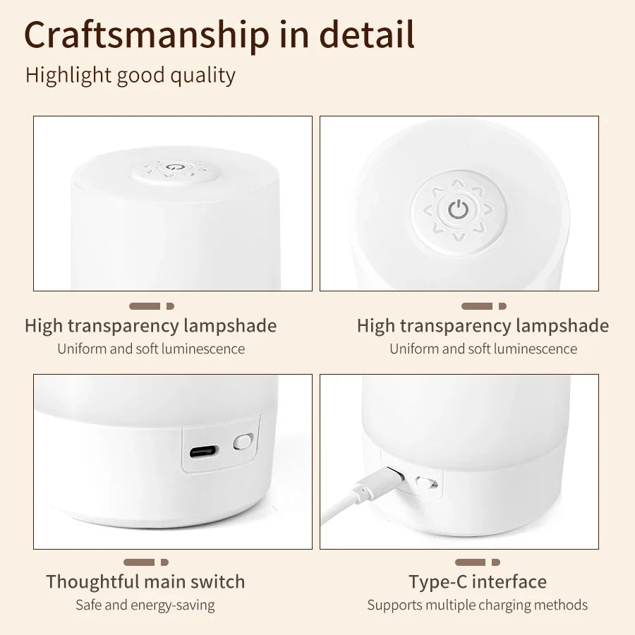 Bedside LED Touch Night Lights Dimmable Rechargeable Desktop Table Lamp For Reading Desk Bedroom Bedside Decoration Lighting