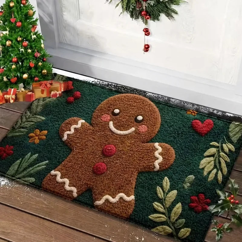 VIKAMA Gingerbread Man Doormat Green Floral Heart Pattern Non Slip Entrance Rug Christmas Holiday Floor Mat Front Door Outdoor