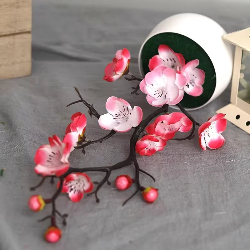 Artificial Plum Blossom Potted Plant, Fake Wintersweet Flower Bonsai for Home Tabletop Decor Chinese Style Floral Ornament