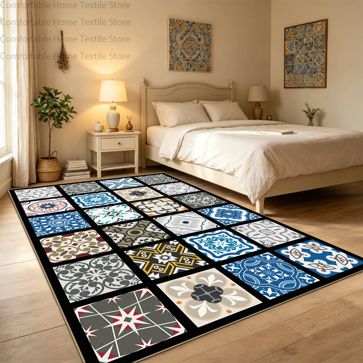 Bohemian Geometric Abstract Style Big Size Rugs for Bedroom Soft Easy Clean Cloakroom Carpet Machine Washable Foldable Patio Mat
