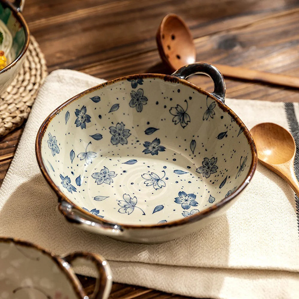7.5inch Household Noodle Bowl Ceramic Soup Bowl With Handle Salad Pasta Bowl Kitchen Tableware Microwave Oven Bakware