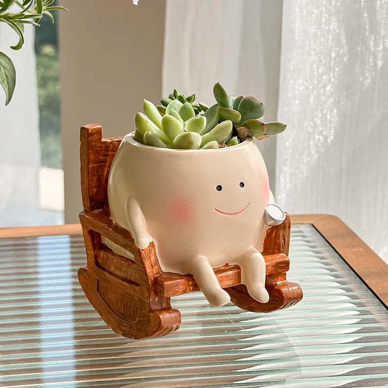 Stylish Cute Cartoon Ghost Resin Succulent Planter Pot Rocking Chair Shaped Flower Pot for Home Office Desk Decor Gift Idea