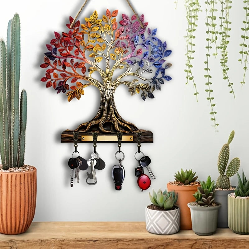 1 Piece 2D Wooden Hanging Decoration with Household Key Hook Tree of Life Pattern Wooden Key Hangers Wall Mount Room