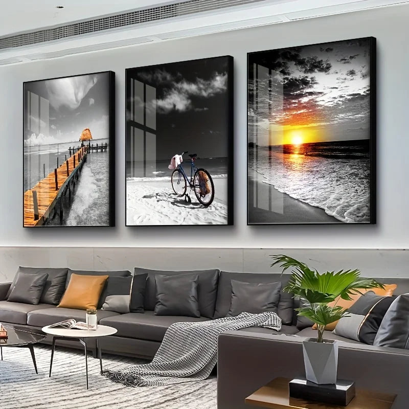 3PCS Frameless Canvas Beach Sunrise Paintings Prints Black White Landscape Pictures Modern Pictures for Bedroom Living Room Home