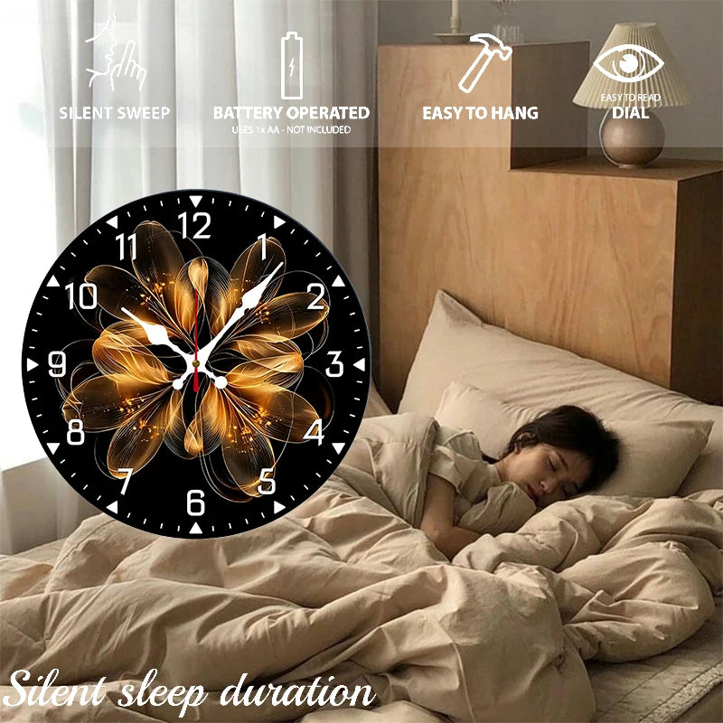 Golden Thread Flower Wooden Round Silent Hanging Wall Clock, Suitable For Living Room,Office,Study Room,Bedroom, Home Decoration